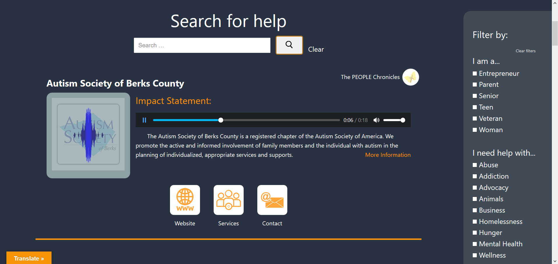 Screenshot of the Community Impact Directory Wordpress plugin